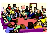 Youth group sitting in chairs and on the floor in a house